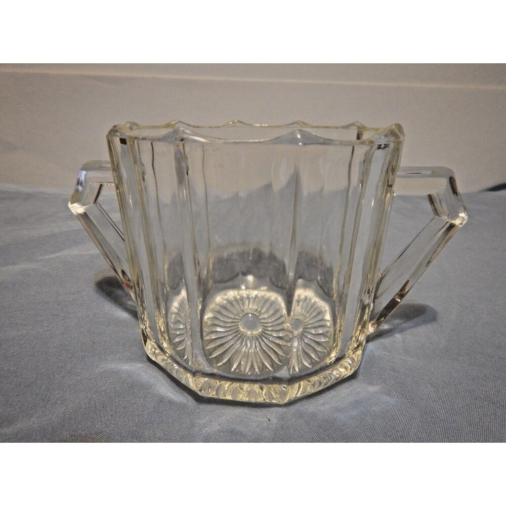 Vintage Pressed Glass Sugar Bowl Twin Handle Paneled Sunburst Starburst Base